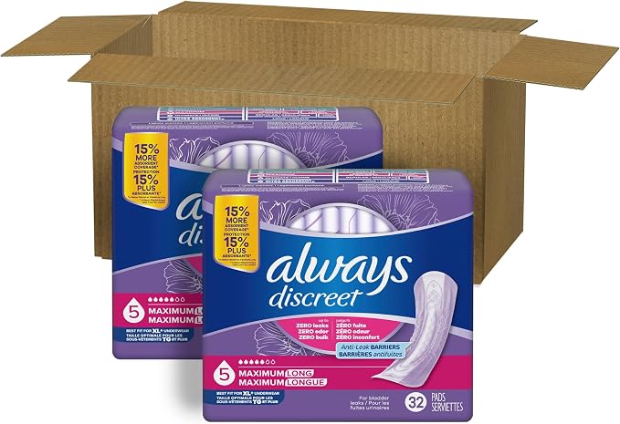 Always Discreet Adult Incontinence Pads for Women, Drier, 5 Drop Long Length, Heavy Absorbency, Pads for Bladder Control Management, Bladder Leaks, & Postpartum Pads, 64ct
