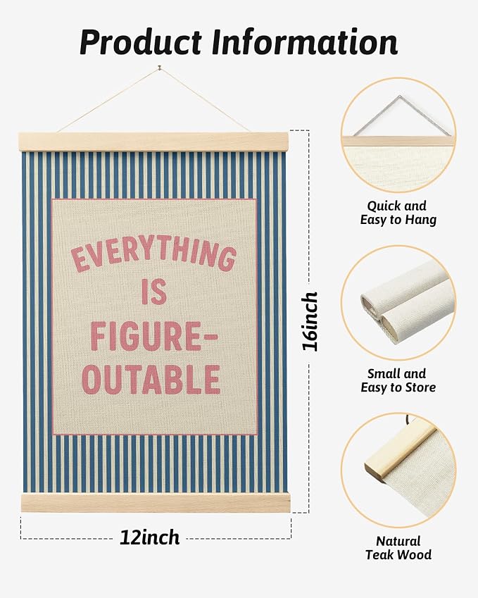FGFK Everything is Figureoutable Positive Affirmations Wall Art Poster Hanger Frame, Retro Pink and Blue Inspirational Striped Canvas Prints Framed Wall Decor for Office Classroom Home, 12x16 Inch