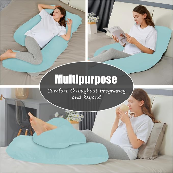 HIPHOP PANDA U-Shaped Pregnancy Pillow for Sleeping - Full Body Maternity Support Pillow with Cooling Removable Cover - Comfort for Back, Hips, Legs, Belly - 57 Inch for Pregnant Women, Ice Blue