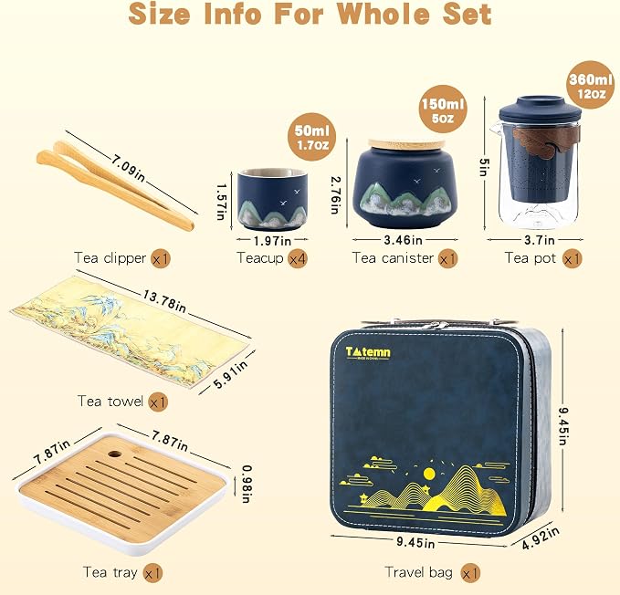 Portable Gongfu Tea Set with Travel Case, Ceramic Tea Set with Glass Teapot Infuser, Bamboo Tea Tray and 4 Ceramic Teacups, All-in-One Travel Tea Kit for Home Office Outdoor Picnic Camping