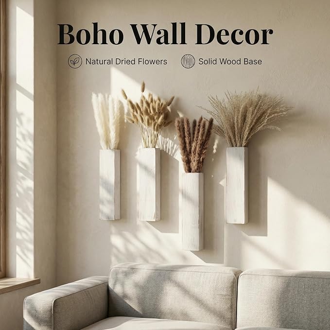 4-Piece Wooden Hanging Wall Vase Set with Pampas Grass and Eucalyptus Dried Flowers, Modern Farmhouse Home Decor for Living Room Entryway Bathroom Hallway Dining Room（Vintage White）