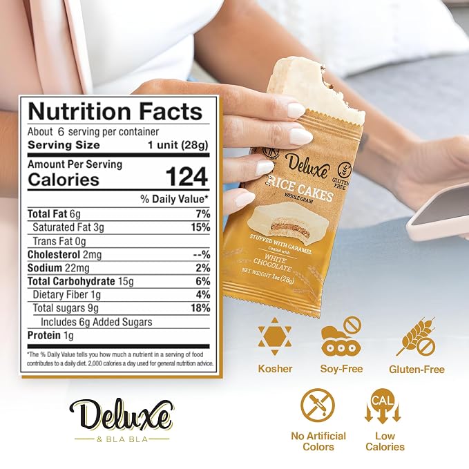 Deluxe & Bla Bla Stuffed Rice Cakes - Whole Grain Chocolate Rice Cake,Gluten Free,Low Calorie,(Alfajor) Kosher Certified - Caramel Filled Rice Cakes coated with White Chocolate, 28g Each (6 Pack)