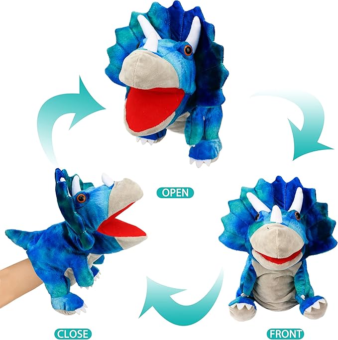 Cuteoy Plush Triceratops Hand Puppet Stuffed Animal Toy Open Movable Mouth Creative Role Play Storytelling Dinosaur Plushies Gifts for Kids Toddlers Birthday Christmas