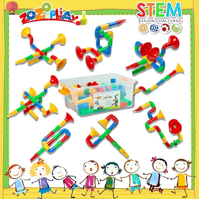 ZOZOPLAY STEM Toys Tube Locks, 72 Piece Tubular Pipes & Spouts & Joints & Whistles & Trumpet Toy, Learning Educational Building Block Set with Whistles Gift for Boys Girls