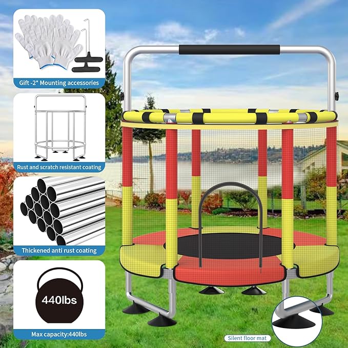 Trampoline for Kids, Upgrade Full Anti-Rust 440lbs Indoor Outdoor Toddler Trampoline with Net, 55" Adjustable Baby Toddler Trampolines Accessories Dart Board