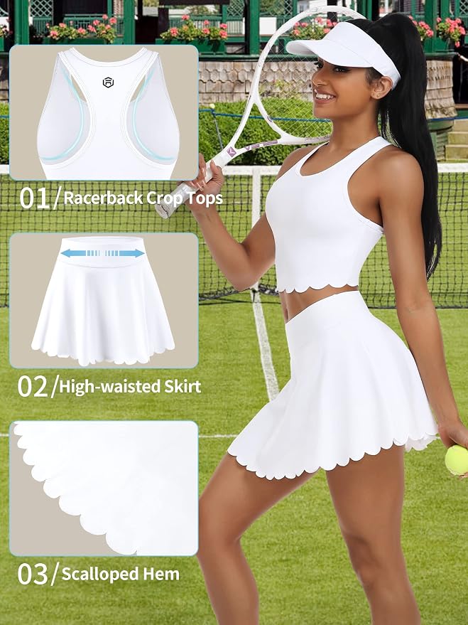 ATTRACO Tennis Outfits for Women Racerback Golf Dress Workout Dress | Athletic Skirt Set, Built-in Shorts, 2 Pockets, Scalloped, Racerback, High Waisted, Pickleball, Workout Set