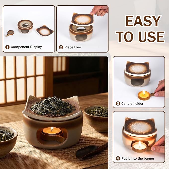 Handmade Ceramic Aromatherapy Diffuser | Herb Burner & Candle Wax Warmer with Tealight Holder, Home Fragrance Accessories for Relaxation & Meditation (4.25*4.25*2.95)