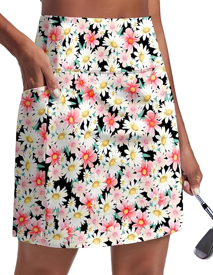 PINSPARK 19" Knee Length Skorts for Woman with Pockets UPF 50+ Golf Skirts | 4 Pockets, Built-in Shorts, High Waisted & Tummy Control, Moisture-wicking for Golf Athletic Tennis Workout Casual