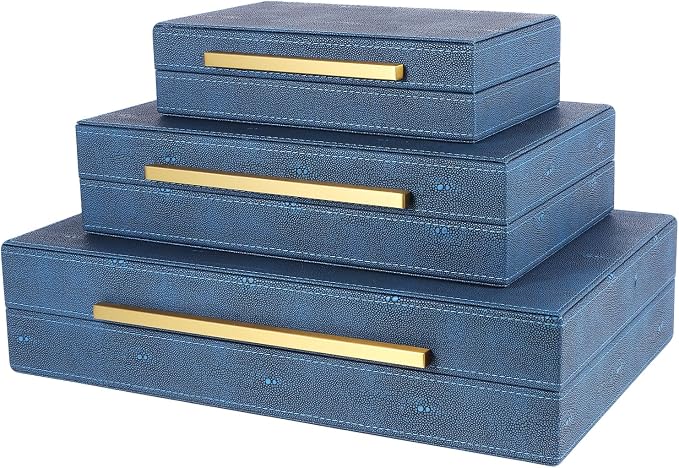 Decorative Storage Boxes with Lids, Decorative Boxes for Home Decor, Faux Shagreen Decorative Box for Stacking Jewelry, Photo, Memory, Storage Boxes, Set of 3 (Blue)