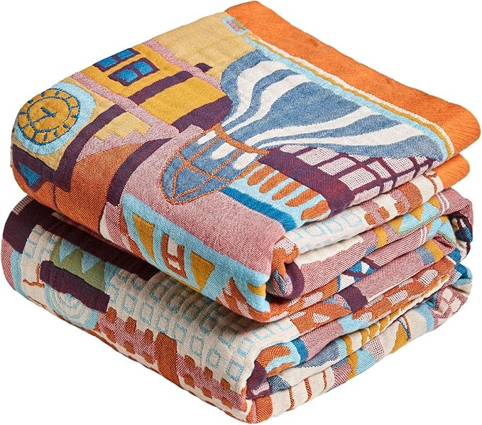 MSGKV Roman Castle Cotton Throw Blanket 50"x60" Art Woven Cotton Throw | Roman Castle Pattern, Muslin Throw, Art Woven Design, Lightweight Comfort, Decorative Home Accent, All Season Use