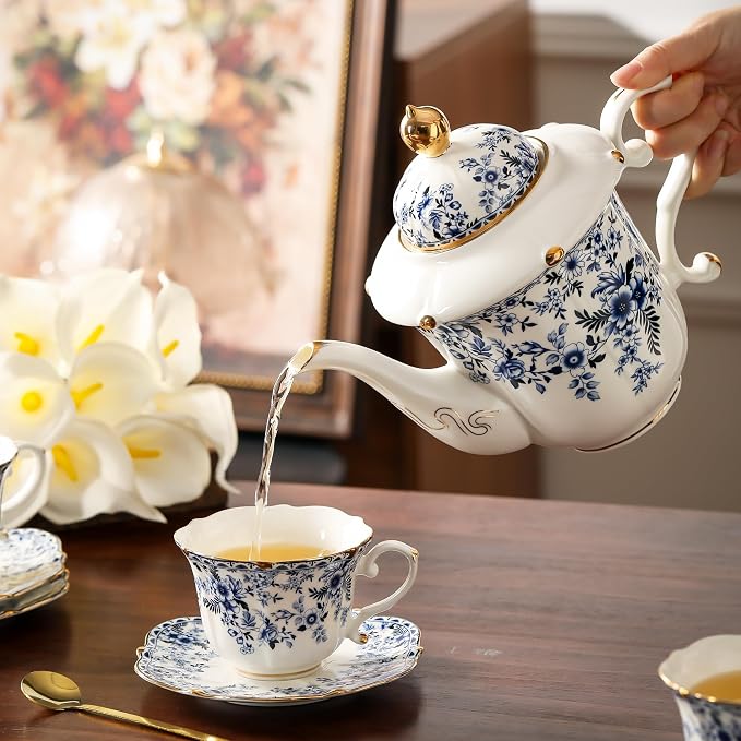 TATSUMI Country Roses Porcelain Tea Set, European Ceramic tea set for adults,Vintage Style, For Women and Tea Parties (BLUE, 13 Pieces Set)