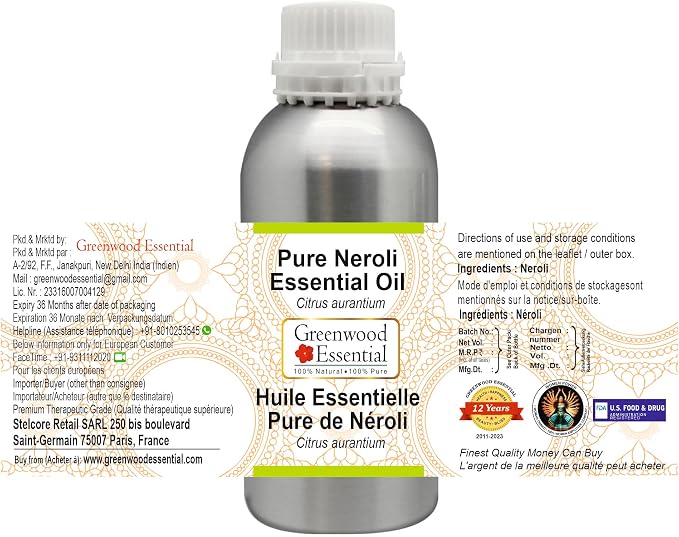 Greenwood Essential Pure Neroli Essential Oil (Citrus aurantium) Steam Distilled 630ml (21 oz)