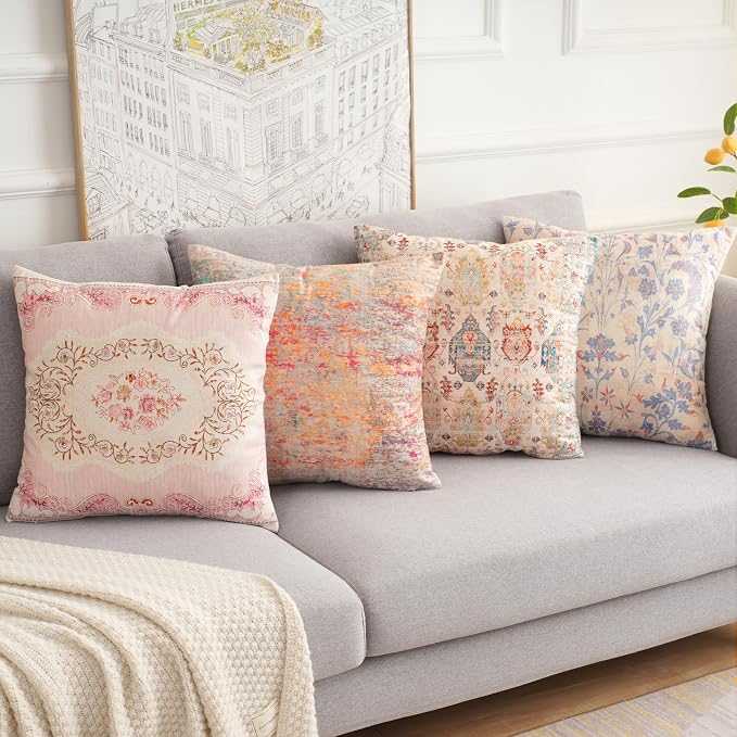 Boho Floral Throw Pillow Covers 20x20 inch Set of 2,Cream Boho Rug Geometric Floral Pattern Decor Double Sided Pattern Cushion Cover Soft Pillow Case Living Sofa Room Bed Square Pillow Cover