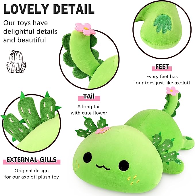 Onsoyours Cute Axolotl Cactus Plush, 19" Soft Large Stuffed Animal Salamander Big Plush Pillow, Kawaii Plushie Toy for Kids (Axolotl Cactus, 19")