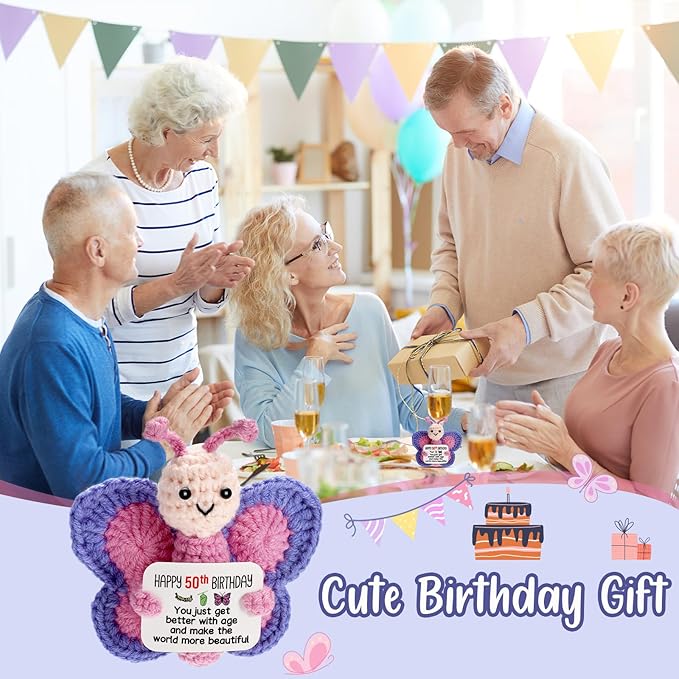 50th Birthday Gifts for Women, Tiny Crochet Butterfly Plush with Pink Purple Wings Holding Positive Note, Happy 50th Birthday Decoration & Gift for 50 Year Old Women