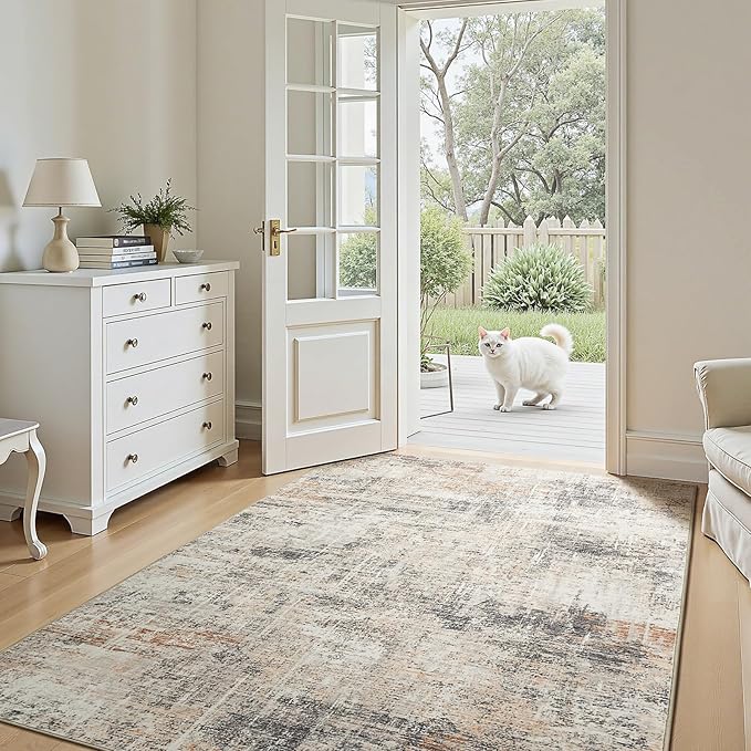 3x5 Area Rug for Entryway, Gold Abstract Washable Non-Slip Rug for Kitchen | Low Pile Soft Small Rugs, Abstract Carpet for Bathroom Bedroom Tool Room, Stain Resistant Foldable Distressed Rug