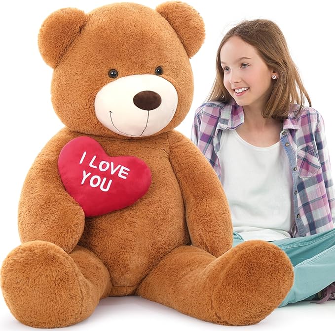 MaoGoLan Big Teddy Bear 4.3ft Stuffed Animal, I Love You Red Heart Giant Teddy Bear Plush Toy, Large Stuffed Animal Gift for Girlfriend, Boyfriend, Kids,Dark Brown