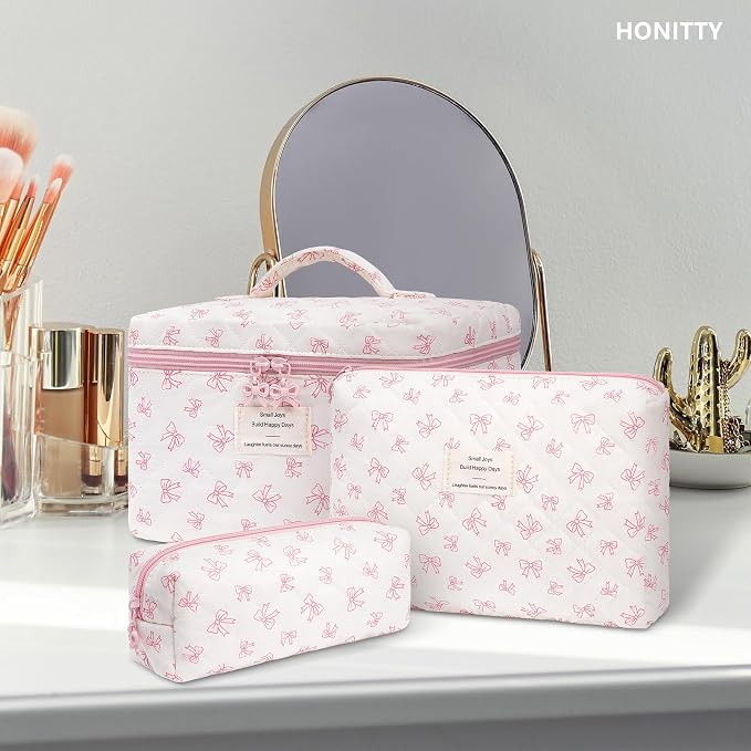 honitty Makeup Bag,Quilted Cosmetic Bags,Large Floral Make Up Organize bag,Makeup Bag Set for Women,Flower Travel Toiletry Bag