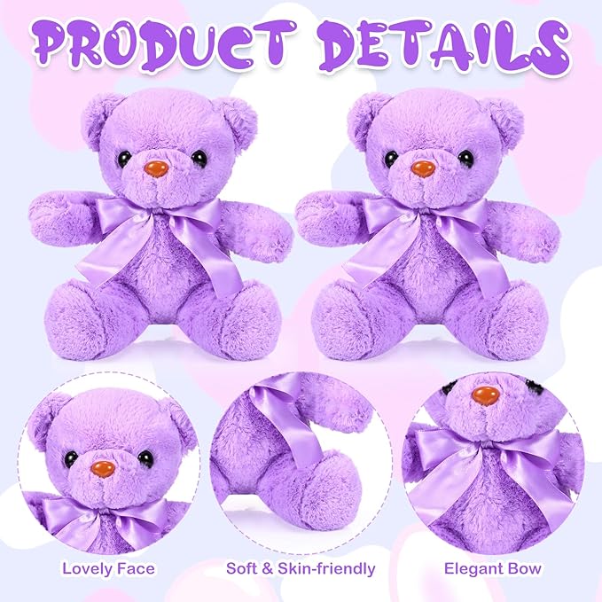 Aoriher 6 Pcs Bear Stuffed Animal Bulk Baby Shower Bear Plush Toys Soft Cute Sleeping and Playing Decorations for Kids Back to School Gift Baby Shower Birthday Party Favor(Purple)