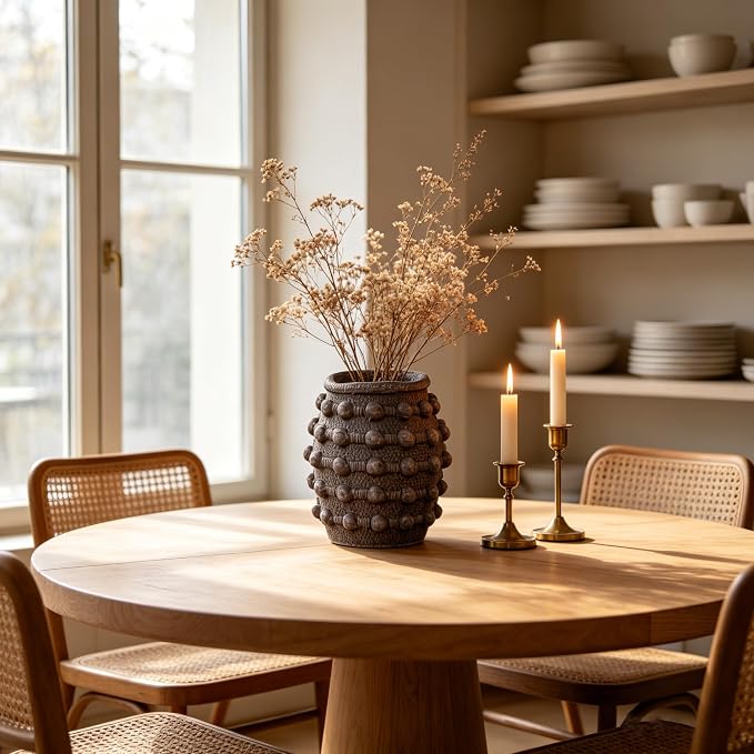 Rustic Farmhouse Vase, Boho Brown Vases for Pampas Grass Small Textured Knotted Vase for Flowers Decorative Cement Floral Vases for Home Decor, Living Room, Dining Table