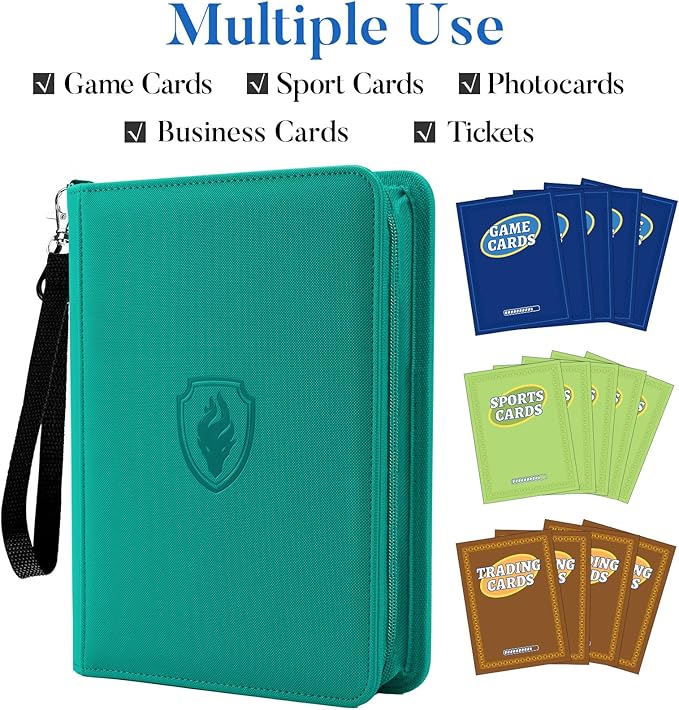 Fabmaker Premium 4 Pocket Zip Card Binder, Trading Card Binder for 320 Cards, Portable PU Card Collection Binder, Collector Card Album Folder for Game & Sports Cards (Turquoise)