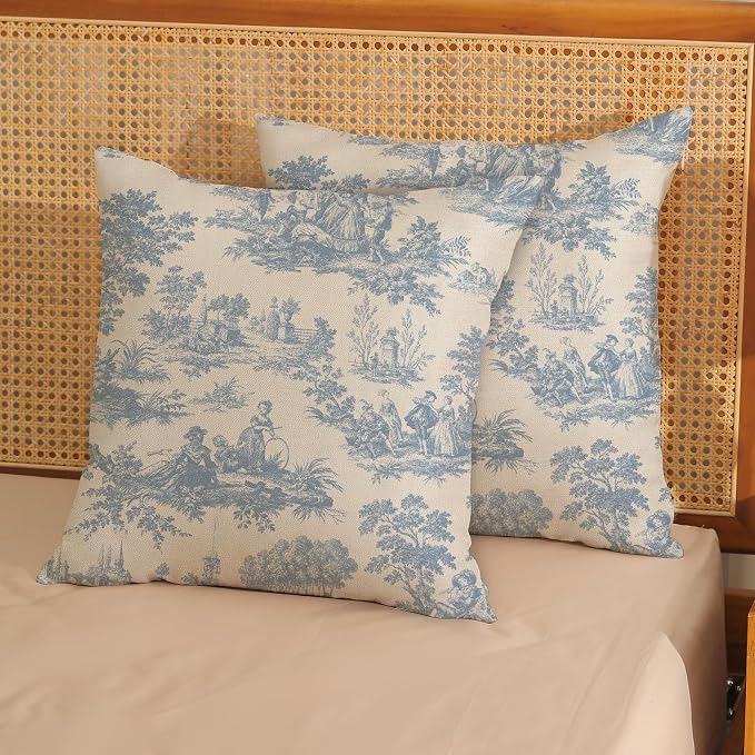 French Country Pillow Covers 20x20 Set of 2 Vintage Baby Blue Toile Throw Pillows Outdoor French Country Decorative Pillowcase Rustic Cottage Farmhouse Cushion Case for Couch Living Room Decor