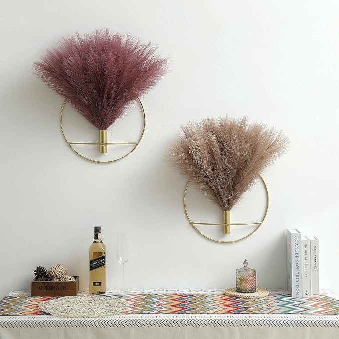 Pretty Jolly Boho Pampas Wall Decor Gold Metal Wall-Mounted Art | Morden Artificial Greenery Display，2 Pack Coffee Hanging Planter For Living Room, Bedroom, Bathroom, Dining room