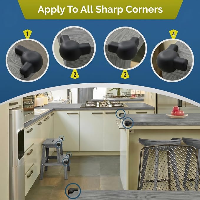 Silicone Corner Protectors for Baby Proofing – Soft Adhesive Corner Guards for Tables & Furniture, Child Safety Edge & Corner Bumpers. Protects Toddlers from Sharp Edges (12 Pack/Black)