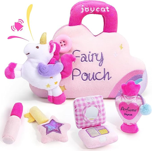 JoyCat Toys for Toddlers 1-3 Girls, My First Purse Baby Girl Unicorn Makeup Bag Set 5 PCS Plush Toy with Perfume, Lipstick, Palette, Star Key - 1 Year Old Girl Gifts, Christmas Stocking Stuffer