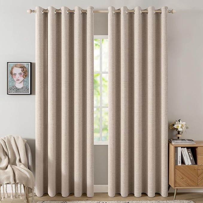 MIULEE 100% Blackout Linen Textured Curtains for Bedroom Solid Thermal Insulated Natural Beige Grommet Room Darkening Curtains & Drapes Luxury Decor for Living Room 62 x 90 Inch (2 Panels)