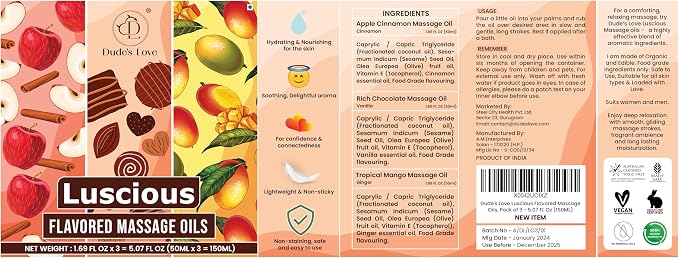 Dude's Love Luscious Flavored Massage Oil Set - Pack of 3 - Organic - Chocolate, Apple Cinnamon, Mango Ginger - Non-Sticky, Nourishing & Moisturizing - Aromatherapy Vegan Oil - 1.69 FL OZ x3
