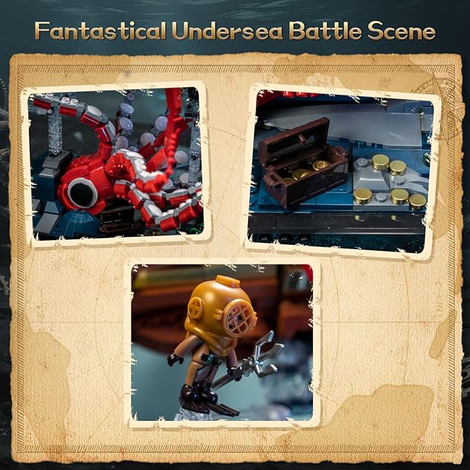 PANTASY Steampunk Nautilus Submarine Building Set, Modular 3-Section Design with Gear-Linked Propeller, Mini Boat & Undersea Adventure Scene, Retro Mechanical Collectible Model Kit for Adults