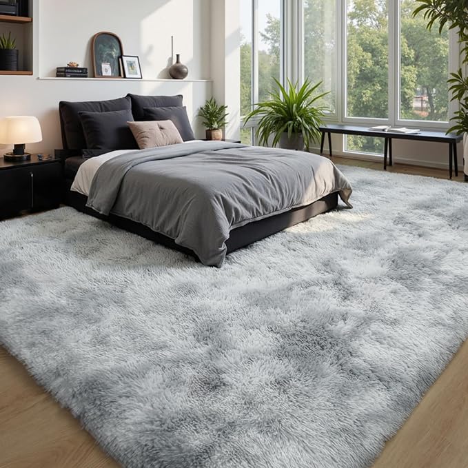 KICHOWUA Grey Tie-Dye Light Gray Fluffy 9x12 Rug Bedroom Living Room Shag | Grey Soft Washable Shag Carpet Kids Room Nursery, Plush Fuzzy Rug for Baby Toddler