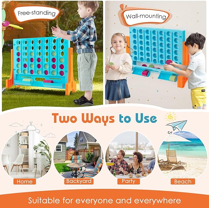 COSTWAY Giant 4 in a Row Game with Storage Carry Bag, Jumbo 4-to-Score Game with Chesses, Quick Release Slider for Kids Adults, Indoor Outdoor Backyard, Free-Standing/Wall-mounting (Red&Orange)