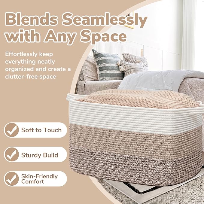 Goodpick 105L Extra Large Woven Rope Blanket Basket, Rectangle, Light Brown | 25'' x 16'' x 16'' Storage Basket for Blankets, Pillows, Toys & Clothes, Living Room, Bedroom & Nursery Organization