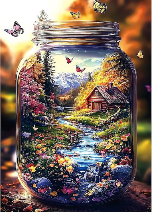 1000 Piece Jigsaw Puzzle for Adults - Enchanted Mountain Jar with Log Cabin & Butterflies, 27.5x19.7 Inch Unique Art Puzzle, Challenging Hard Difficult Puzzles for Adults
