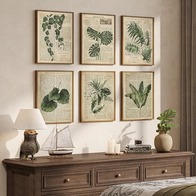 Framed Vintage Botanical Wall Art, Set of 6 Green Leaf and Fern Canvas Painting Prints, Rustic Farmhouse Plant Artwork for Living Room Bedroom Kitchen Dining Room Office Apartment Decor, 11x14 Inch
