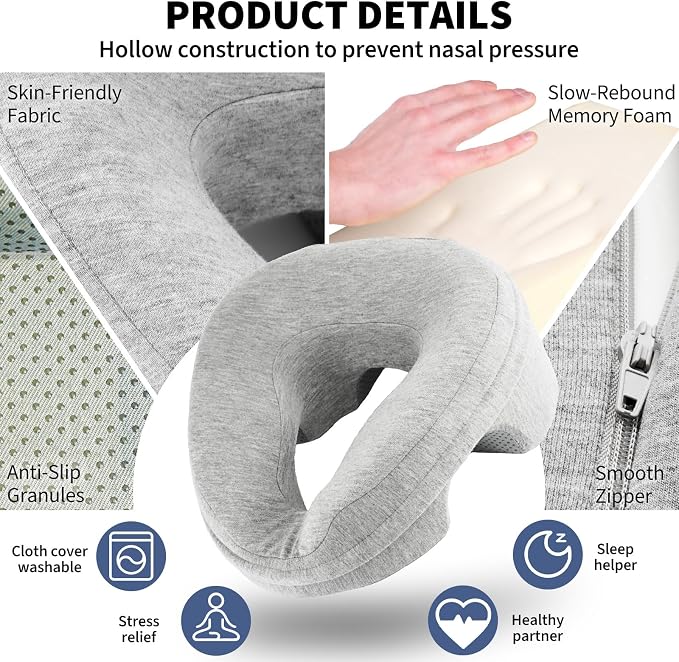 VVB Face Down Pillow for Massage Table, Massage Headrest for Bed, Stomach Sleeping Pillow with Face Cradle Pad, BBL Pillows After Post Eye Surgery Recovery, Massage Pillow with Removable Cover Grey