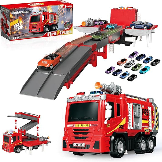 3in1 Fire Trucks Toys for Toddlers Ages 3-5, Carrier Toy Truck & Foldable Race Track, 12 Die Cast Cars Firetruck Toys for Toddlers 1-3 3-5 w/Light & Sound, Kids' Play Cars & Race Cars for Boys Girls