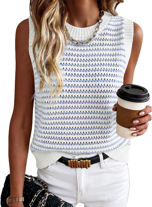ANRABESS Womens Sleeveless Sweater Vest Striped Tank Tops | Crochet Knit Crew Neck, Lightweight Soft Comfy, Vacation Travel Work Casual Outfits, Sping Summer Layering Clothes