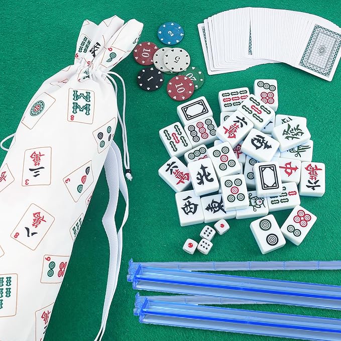 Mahjong Tile Bag Canvas Drawstring Storage for Racks and Pushers, Dice Pocket, Printed Mahjong Bag, Durable Mahjong Accessories Case, Game Organizer Pouch (1 Pack)