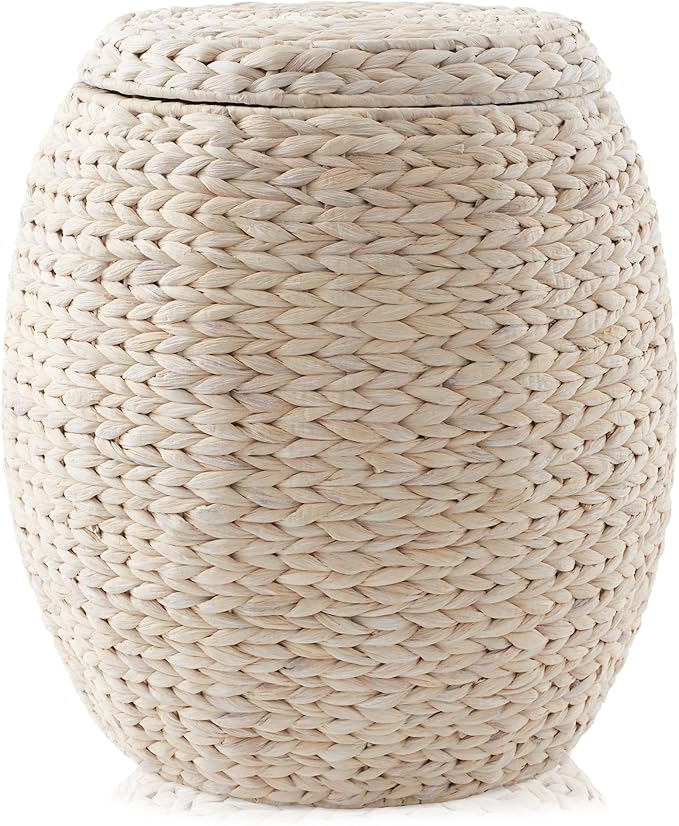 Casafield Round Storage Basket with Lid - Whitewash, Handwoven Water Hyacinth Organizer for Laundry, Blankets, Plants, Bedroom, Living Room, Office