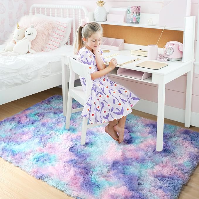 Amdrebio Blue Purple Rainbow Rugs for Bedroom Girls Room Decor, 5x7 Fluffy Cute Area Rugs for Kids Room Playroom Nursery Dorm, Shag Throw Mermaid Fuzzy Carpet, Plush Kawaii Furry Baby Toddler Rug