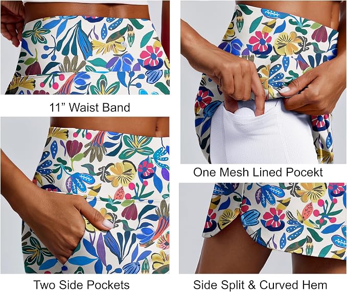 PINSPARK 18" Skorts for Woman Above Knee Length Golf Skirts 3 Pockets | High Waist, Built in Shorts, UV Protection, 4-Way Stretch, Soft, Dolphin Hem, Athletic, Tennis, Pickleabll, Casual