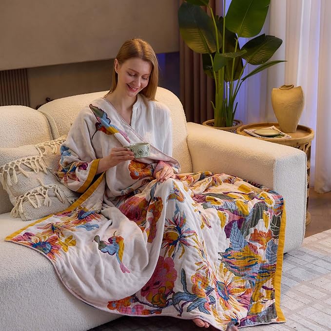 XIBLC Boho Throw Blanket, 100% Cotton Ultra Soft Luxury Throw Rustic Quilt, 80"x90" Floral Bird Butterfly Farmhouse Decor Bed Blankets, All Season Rustic Reversible Bohemian Throw for Bed - Yellow