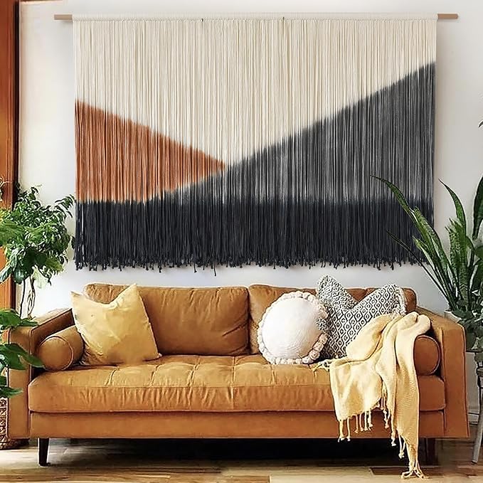 Macrame Wall Hanging Black Dip Dye Boho Wall Art for Living Room 57"W*35"L | Dip Dyed Wall Hanging, Large Wall Art, Handmade Cotton Craft, for Living Room Bedroom Accent, Unique Home Decor