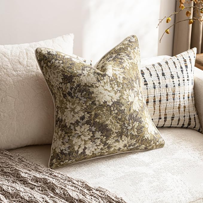 Pack of 2 Vintage Floral Throw Pillow Covers 22x22 Boho Farmhouse Accents Chenille Square Decorative Pillow Cases for Living Room Couch Bed Home Decor, Beige