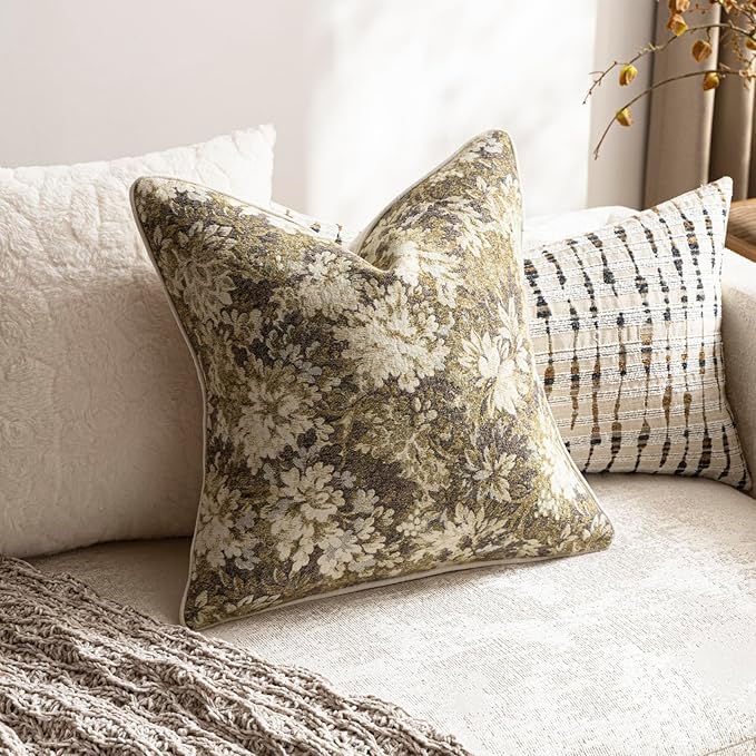 Pack of 2 Vintage Floral Euro Sham Covers 24x24 Boho Farmhouse Accents Chenille Square Decorative Throw Pillow Cases for Living Room Couch Bed Home Decor, Beige