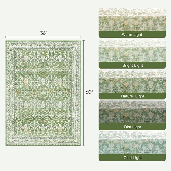 3x5 Area Rugs for Entryway, Non-Slip Washable Rug for Kitchen, Light Green | Low Pile Soft Small Rugs, Vintage-Style Carpet for Bathroom Bedroom Tool Room, Stain Resistant, Low Pile, Distressed Rug