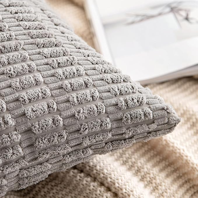 MIULEE Lumbar Corduroy Decorative Throw Pillow Covers 12x20 Light Grey | Pack of 2 Soft Boho Striped Pillow Covers Modern Farmhouse Home Decor For Sofa Living Room Couch Bed